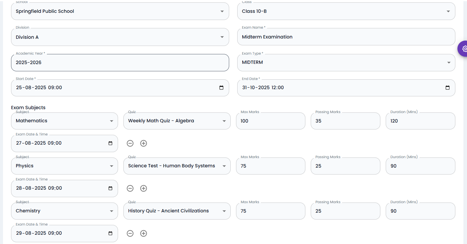 exam and result screenshot for school management system